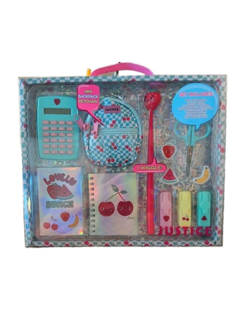 Justice Teal Mini Fruit Stationery 13 Piece Set W/Mini Backpack Keychain